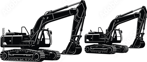 Hydraulic excavator silhouette vector set with bucket arm raised – black construction machinery icons for heavy equipment graphic design use