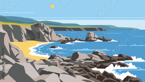 Vibrant vector illustration of a rugged coastline with cliffs, golden beach, blue ocean waves, and sunlit rocks