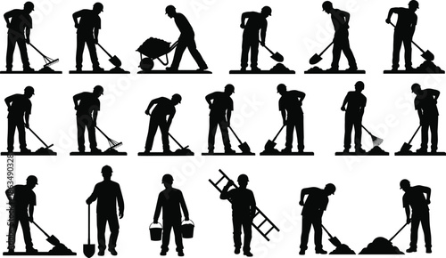 Construction workers silhouettes performing manual labor tasks with tools, wheelbarrow, shovel, ladder, buckets, raking, teamwork on site