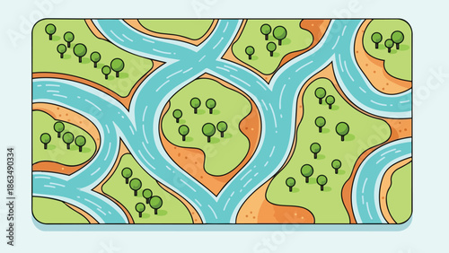 Vibrant stylized map depicting winding rivers, green islands, and charming trees in a playful natural landscape