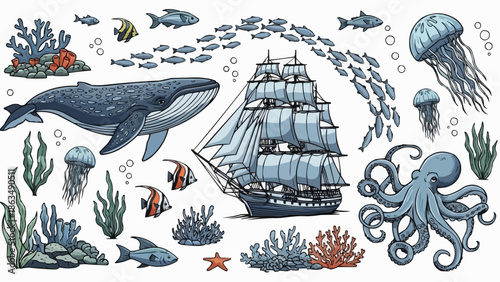 Vintage illustration of marine life and a sailing ship.