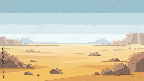 Minimalist stylized desert panorama showcasing rugged rock formations and distant geological features