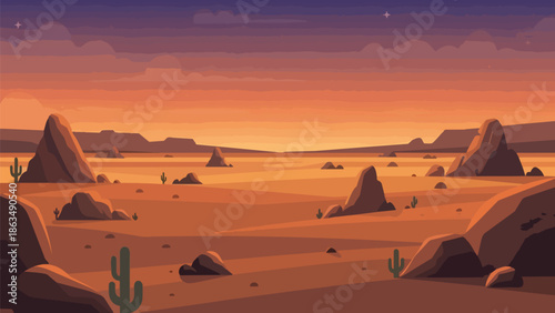 Stylized pixelated desert panorama at sunset featuring rugged rock formations under a gradient sky