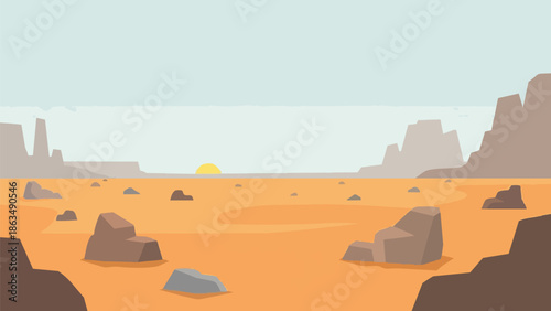 Expansive arid landscape with scattered geological formations under a pale blue sky. The distant sun on the horizon creates a serene and expansive