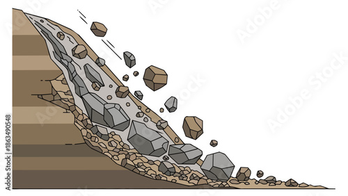 Dynamic illustration of a geological rockfall event on a stratified slope depicting natural erosion process