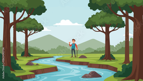 A cheerful hiker explores a vibrant natural landscape with winding river, majestic trees, and distant mountains under a clear sky, embodying