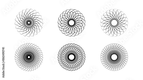 Set of 6 Black and White Geometric Spiral Line Art Designs