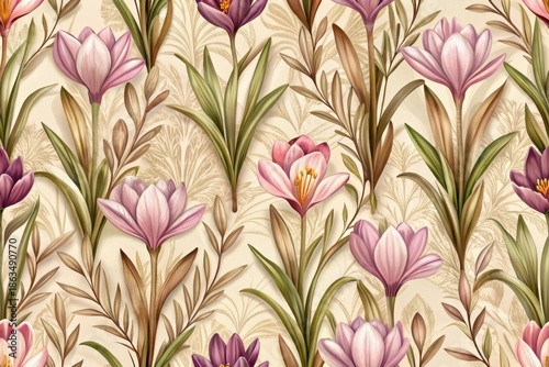 Elegant Spring Crocus Floral Pattern Design Featuring Delicate Hues and Intricate Foliage