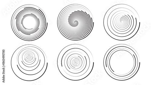 Set of 6 Black and White Spiral Line Graphic Elements Vector
