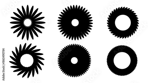 Set of 6 Black Abstract Circular Saw Blade and Gear Icons