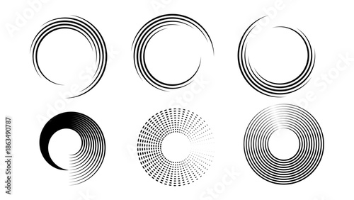 Set of 6 Black Radial Speed Lines Circle Frames Vector