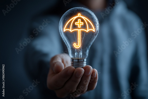 A glowing bulb with an umbrella and cross, symbolizing the spark of healthcare innovation and the warmth of comprehensive protection.