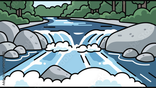 Vibrant cartoon illustration of a lively forest river with flowing rapids and natural rock formations