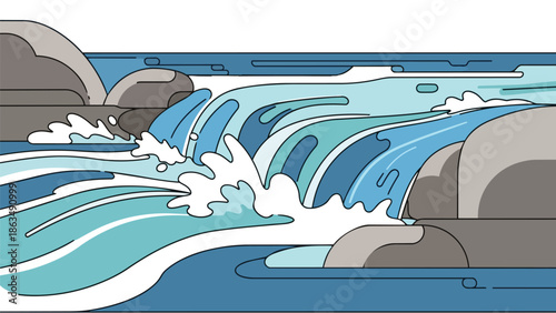 Modern illustration of a cascading waterfall over smooth rocks with dynamic water splashes.