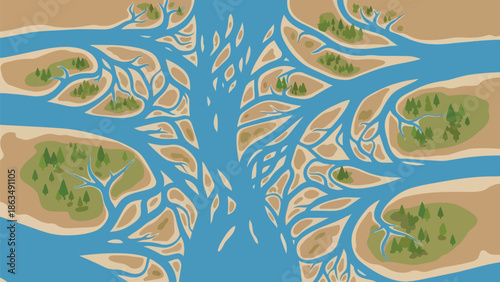 Intricate aerial illustration of a complex river delta system with branching streams and lush green islands, a natural water tapestry unfolding