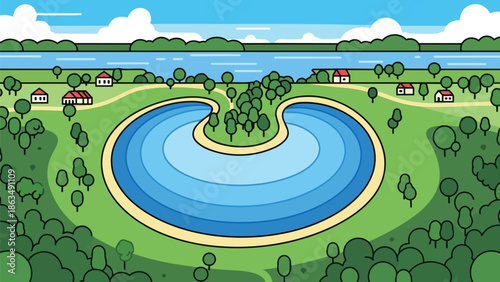 Scenic village landscape with lake, houses, and river under blue sky.