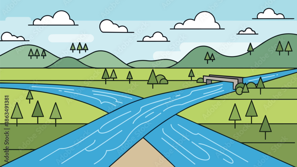 Naklejka premium Simplistic cartoon illustration of a natural landscape with two rivers crossing, green hills, stylized trees, blue sky, white clouds. It portrays a