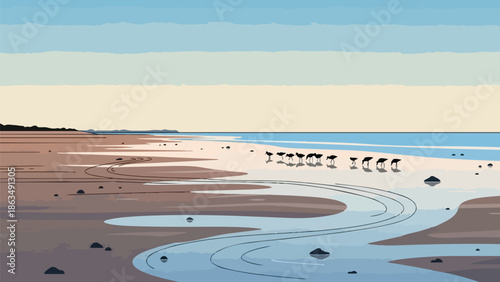 Serene coastal landscape featuring a calm ocean meeting the expansive shore with wading bird silhouettes under a vast layered sky, reflecting a