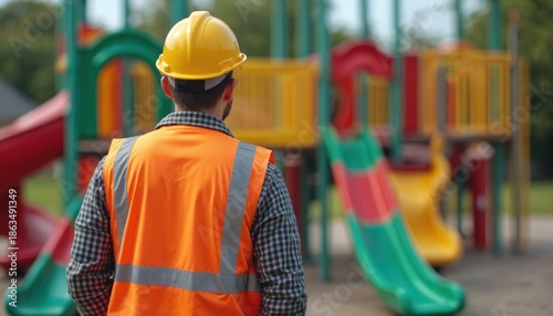 Worker in yellow hard hat and orange vest inspects colorful playground equipment. Safety check on slides and climbing structures. Recreation area maintenance.