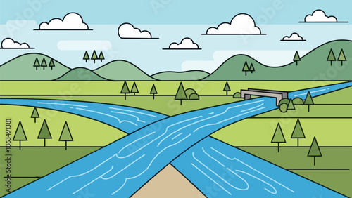 Simplistic cartoon illustration of a natural landscape with two rivers crossing, green hills, stylized trees, blue sky, white clouds. It portrays a