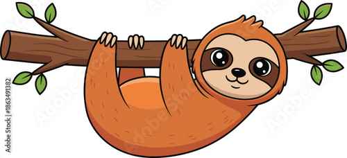 Cute cartoon sloth hanging upside down from tree branch with green leaves, smiling animal character vector illustration for kids nature design