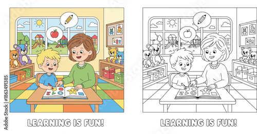 Educational Illustration of a Boy and Teacher Studying in a Classroom, Set of Colored Scene and Black and White Coloring Page for Kids Activity Book, Learning is Fun Concept Vector Art