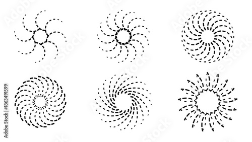 Set of 6 Black and White Dotted Spiral Sunburst Icons