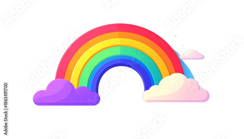 Colorful rainbow with clouds on a white background, cartoon style illustration.