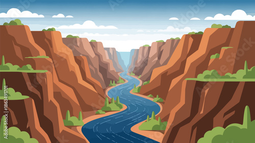 Winding river carving through vast, majestic desert canyon under a clear, expansive sky