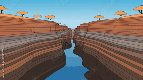 Cartoon depiction of a deep canyon river landscape, featuring layered rock walls under a clear blue sky with stylized umbrella trees, a scenic