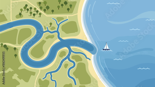 Coastal estuary ecosystem view with serene river branching into the ocean, featuring a lone sailboat gliding peacefully on the horizon under a