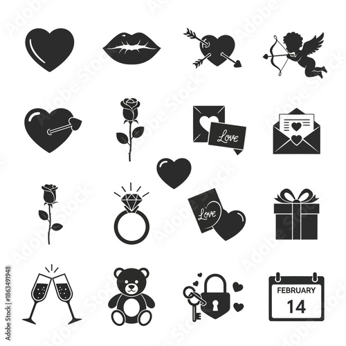 Black Valentines Day icons on white.