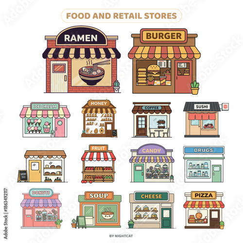 A collection of 14 cute flat-style shop storefront icons featuring various food and retail stores on a white background
