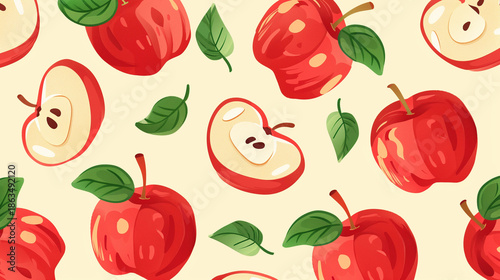 Repeating pattern of whole and sliced red apples with green leaves on yellow background
