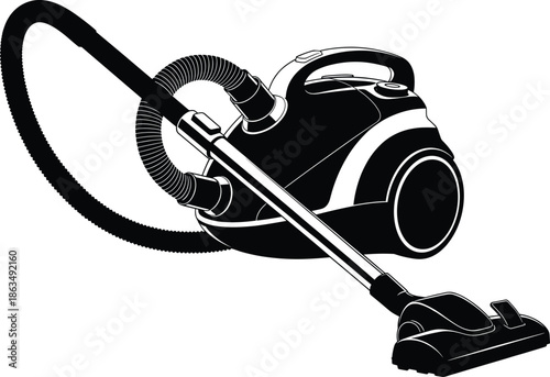 Detailed black and white illustration of canister vacuum cleaner with hose, nozzle, and handle for household cleaning appliance and design reference.