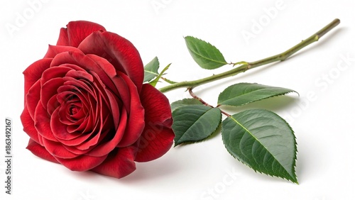 Classic Red Rose Flower with Green Leaves Isolated on White Background