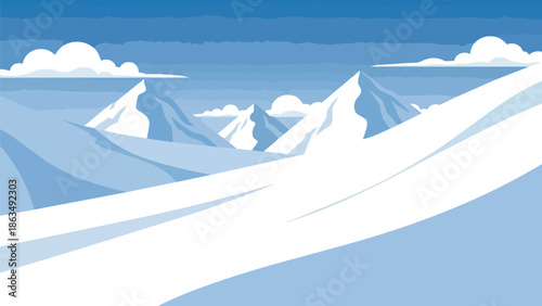 Vast pristine winter mountain landscape illustration with snow-covered peaks under a clear blue sky creating a serene alpine vista