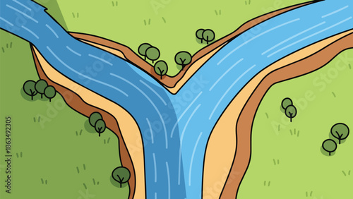 An illustrative depiction of a river bifurcation, showcasing serene waterways dividing through a vibrant green landscape dotted with simple stylized