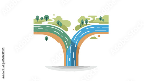 Stylized illustration of a natural landscape with two diverging paths flowing downward