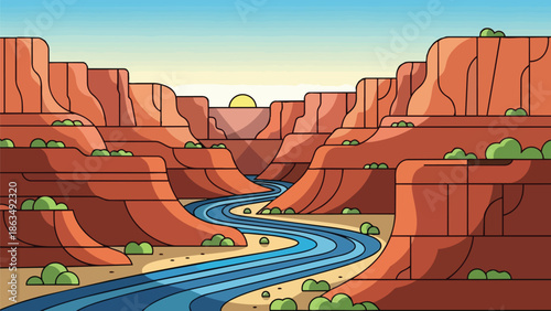 Colorful illustration of a grand canyon scene. A winding river cuts through layered red rock walls beneath a serene sunset. Artistic flat design