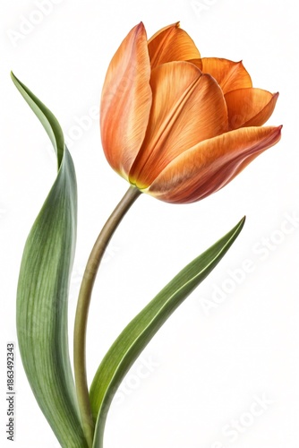 Fresh Orange Tulip Flower with Green Leaves Isolated on White Background