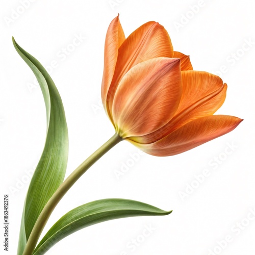 Fresh Orange Tulip Flower with Green Leaves Isolated on White Background