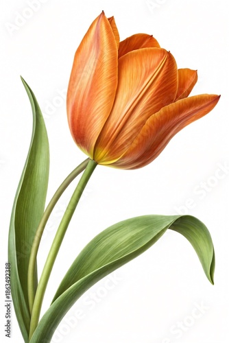 Fresh Orange Tulip Flower with Green Leaves Isolated on White Background