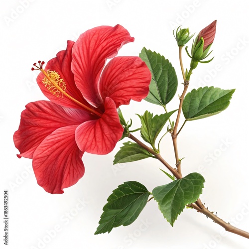 Red Hibiscus Flower with Green Leaves Isolated on White Background