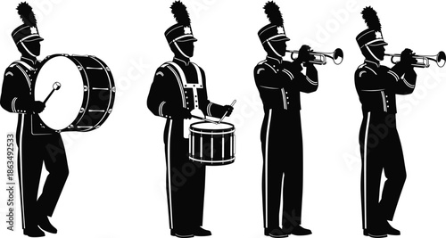 Marching band silhouette vector illustration with musicians playing drums trumpets uniform parade performance music festival art design concept