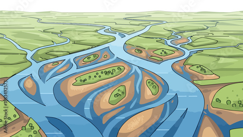 Illustrative aerial view of a winding river delta system showcasing numerous green islands and intricate waterways amidst a flat, green landscape.