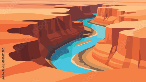 Expansive arid canyon landscape with a beautiful winding turquoise river flowing through ancient geological formations under a vast, clear,