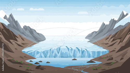 Majestic glacial valley landscape with towering peaks and serene meltwater