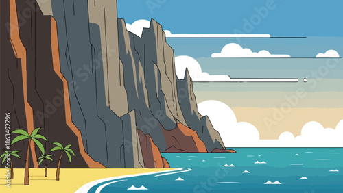 Vibrant coastal cliffs overlooking a serene tropical beach with swaying palm trees under a picturesque sky