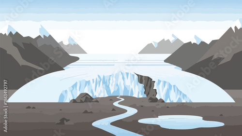 Expansive polar vista illustrating majestic glacial formations, rugged mountain ranges, and a dynamic meltwater river system flowing through the